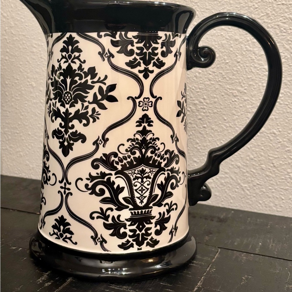 Drake Ceramic Tuscan Old World black & cream damask design pitcher